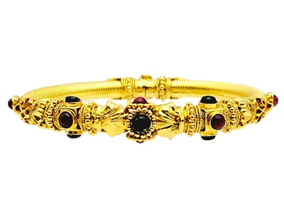 手链凸圆形翡翠和红宝石铰边手镯 2.0 克拉 22 克拉黄金 6 英寸长 — 第 1/4 张图片