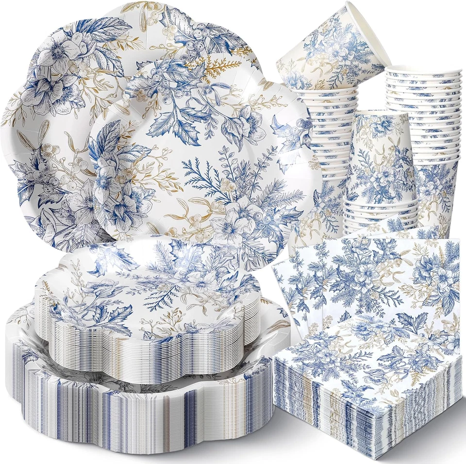 250 piezas platos y servilletas desechables florales azules vajilla desechable azul dorado Foto 1 de 4