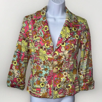 Blazer Cuello Años 90 Nanette Lepore Forrado Floral Estampado Selva EE. UU. Talla 4 Foto 1 de 4