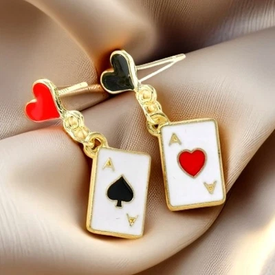 Tarjetas de Juego Pala Trébol Corazón Diamante Suite Casino Pendientes Retro Oro As Foto 1 de 2