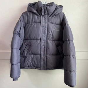 NWOT Collusion Charcoal Gray Unisex Hooded Nylon Puffer Jacket Size Large - Picture 1 of 7