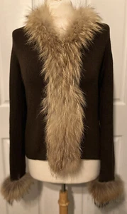 Vintage Bill Blass Brown Cashmere Blend Fur Collar Cuffs Silk Cashmere Size M - Picture 1 of 6