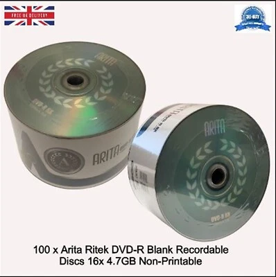 100 x Arita Ritek DVD-R 8x Blank 4.7GB Non-Printable Recordable Logo Blank Disc - Image 1 of 4