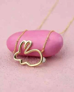 Easter Bunny Necklace 14K Yellow Gold Plated 0.10 Ct Round Lab Created Diamond - Picture 1 of 7