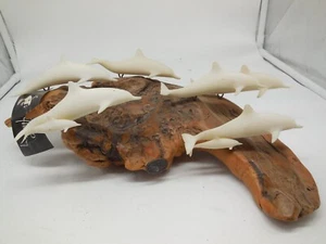 Q6 Vtg RARE JOHN PERRY Sculpture 8 PORPOISE DOLPHIN Pod Family Burl Wood W/Tag - Picture 1 of 8