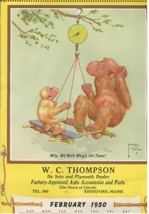 ART Calendar (1950 /02): LAWSON WOOD "We Both Weigh Same" Monkeys (Desoto Dealer - Picture 1 of 1