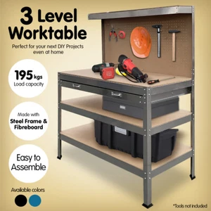 3-Layer Steel Work Bench Garage Storage Table Tool Shelf Pegboard Drawer Silver - Picture 1 of 7