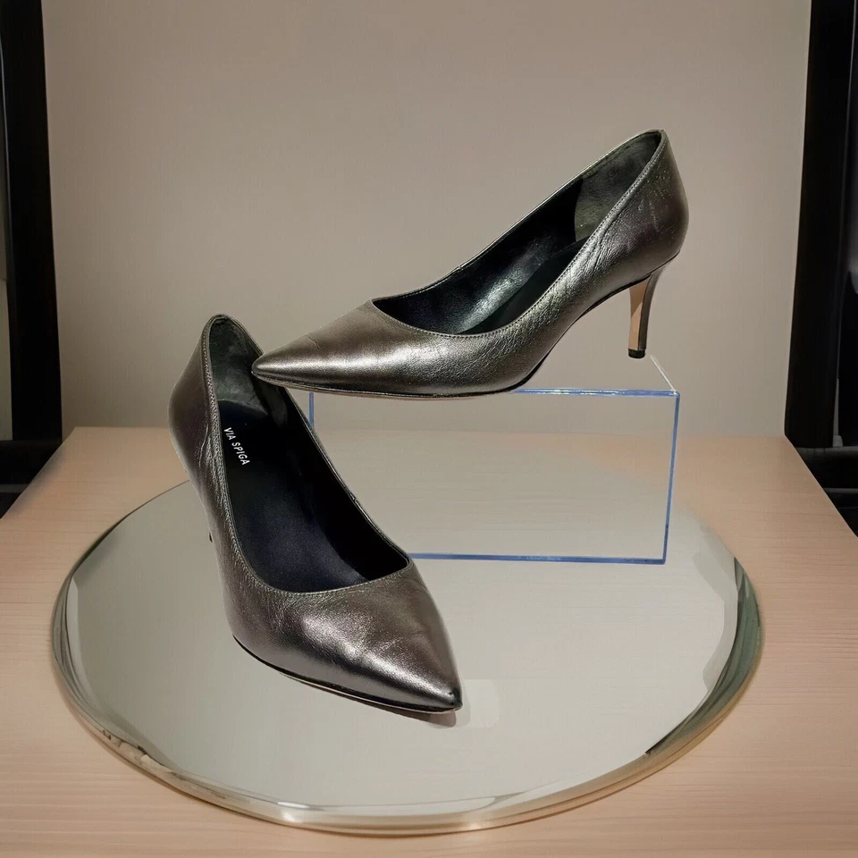 Zapatos de salón Via Spiga metálicos plateados de cuero italiano de peltre para mujer 7M/37 Foto 1 de 4