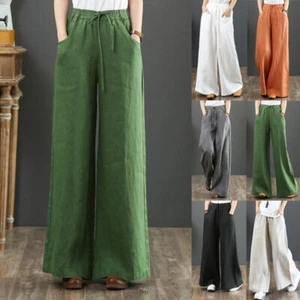 Women Loose Cotton Linen Wide Leg Pants Ladies Summer Holiday Pockets Trousers# - Picture 1 of 21