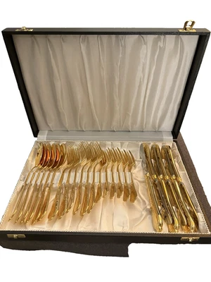 Goldbesteck Solingen 23 Karat hartvergoldet. 24teilig, sgZ. Im Koffer. - Bild 1 von 4