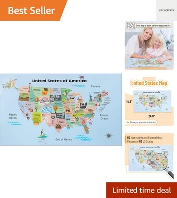 Mapa geográfico interactivo de Estados Unidos para niños 14,5”x24,6” - ¡Perfecto para aulas! Foto 1 de 4