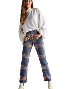 Free People Women's 29 Plaid Check High Rise Straight Leg Jeans Size 29 Colorful - Picture 1 of 10