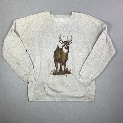 Deer Graphic Sweatshirt Mens Large Vintage 80s Wildlife Raglan Crewneck Gray - Image 1 of 4
