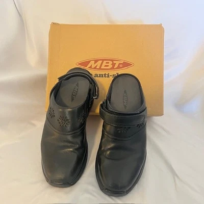 MBT Kipimo Clogs Black Leather Floral Mules Womens 9 Comfort Rocker Shoes Swiss - Image 1 of 4