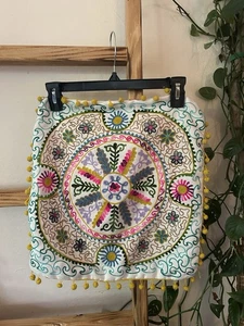 Karma Living Embroidered Floral Square Pillow Cover with Pom Poms - Picture 1 of 3