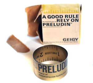 VTG Preludin Geigy Pharmaceuticals Slap Tape Measure Ruler Original Box 1963