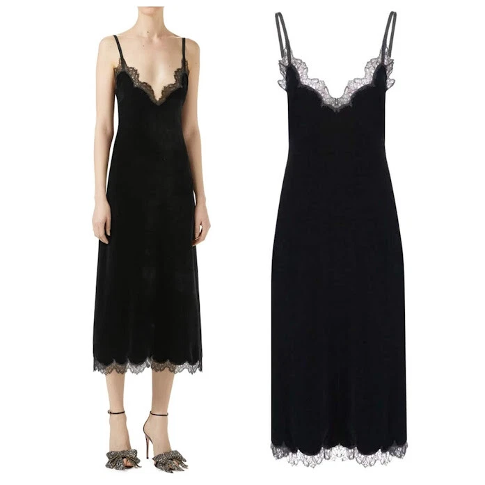 🆓US🛃 GUCCI Vestido de terciopelo negro con encaje IT 42 Foto 1 de 4
