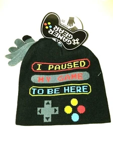 New W/Tag 2 pc Boys I Paused My Game  Gamer Beanie and Texting Gloves Knit Cap  - Picture 1 of 11