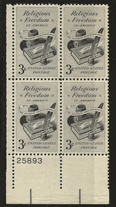 US Scott #1099, Plate Block #25893 1957 Religious Freedom 3c FVF MNH Lower Left - Picture 1 of 1