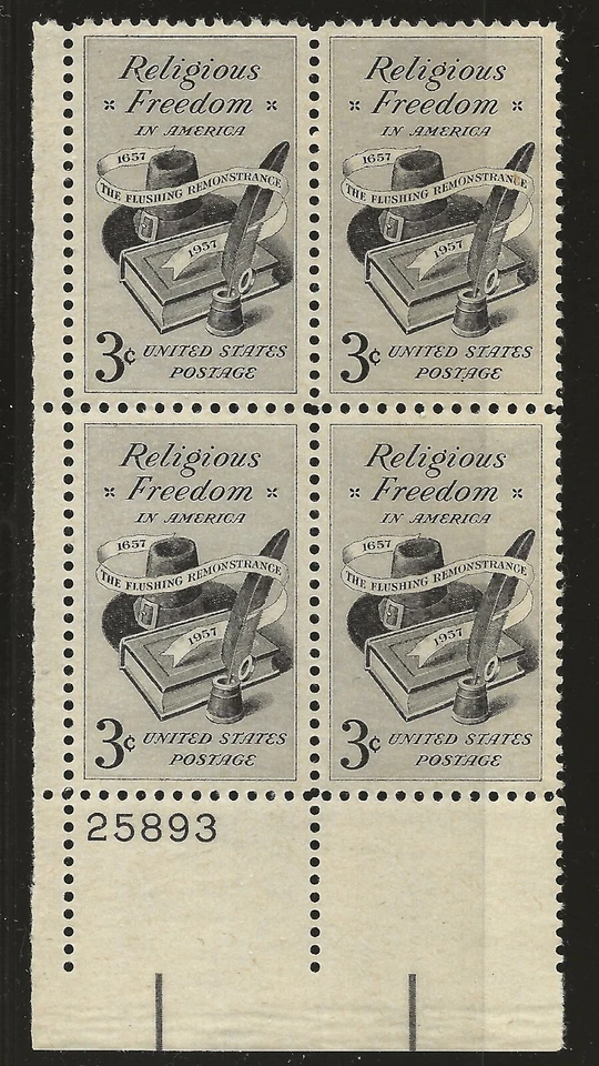 US Scott #1099, Plate Block #25893 1957 Religious Freedom 3c FVF MNH Lower Left - Image 1 of 1