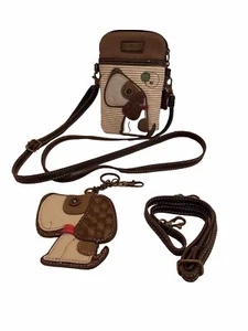 CHALA TOFFY DOG BROWN STRIPE CELL CROSSBODY PURSE W/KEY FOB COIN Basset Beagle - Picture 1 of 3