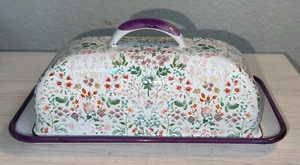 Enamel Oversized Purple Butter Dish with Floral Design 8.75” x 4.75” - Picture 1 of 13