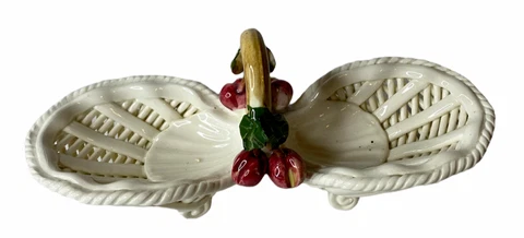 Ceramic Italian White Lattice Basket with Raised Cherries 7 3/4" long by 2 3/4" Cover