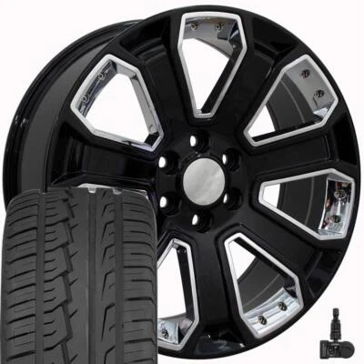 22" Black & Chrome 5660 Wheels & 285/45R22 Tires Fit Tahoe Silverado Suburban - Image 1 of 4