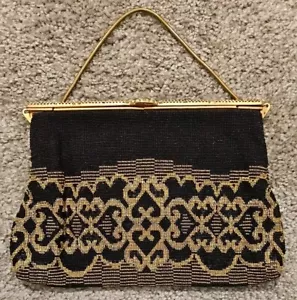 1940's Vintage Beaded Evening Clutch Bag By Delill with Mirror Black Gold Purse - Picture 1 of 21