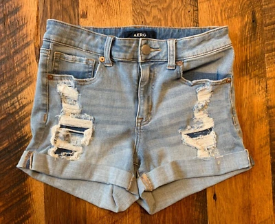 Pantalones Cortos de Denim Adolescentes Aeropostale Talla 6 Jean Tiro Alto Midi Puños Cortados Envejecidos Foto 1 de 4