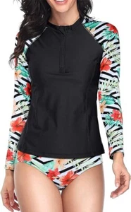 Daci Women Leaf Print 2 Piece Rash Guard with Boy Shorts Long Sleeve Zipper L - Picture 1 of 5