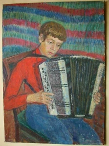 Ukrainian soviet Oil Painting postimpressionism musician boy accordion - Picture 1 of 11