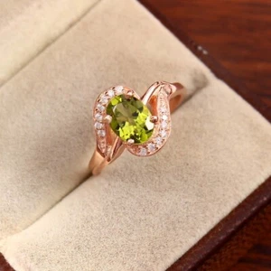 Oval Cut Natural Peridot Rose Gold Plated On 925 Silver Art Deco Engagement Ring - Picture 1 of 3