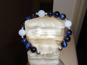 MEN'S HANDMADE 8 3/4" 10 MM BLUE TIGER EYE/BLUE CHALCEDONY STERLING S BRACELET - Picture 1 of 9