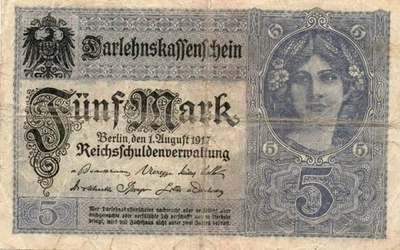 Genuine 5 Mark banknote Darlehnskassenschein 1917 WW I ok cond  rare 7 no !!! - Image 1 of 2