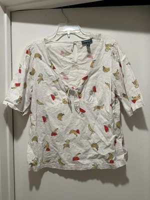 ModCloth Women’s white Blouse W Fruit Print Size XL Linen Blend - Image 1 of 4