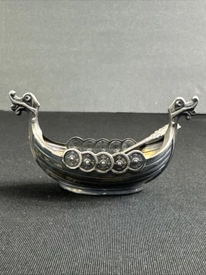 David Andersen Sterling Viking Ship Salt Cellar Oxidized W/ Spoon - Norway - Image 1 of 4