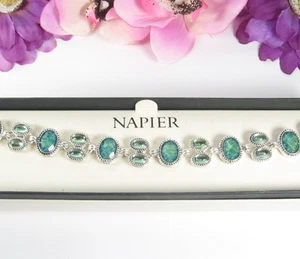 NAPIER BRACELET Speckled Green Gem Faceted Oval Cab Silvertone New In Box 7 3/4" - Picture 1 of 7