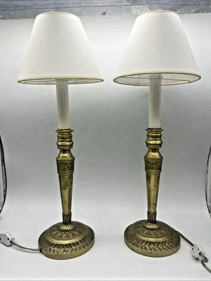 Antique Pair Neo-Classical French Empire Brass Candlestick Lamps Vintage - Image 1 of 4