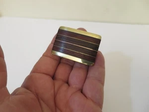 Vintage 1970s Hand Crafted Solid Brass with Inlaid Exotic Wood Bands Belt Buckle - Picture 1 of 14