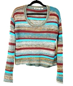 ROXY Women's M Striped Preppy Blue Brown Y2K Boxy Knit Sweater - Picture 1 of 5