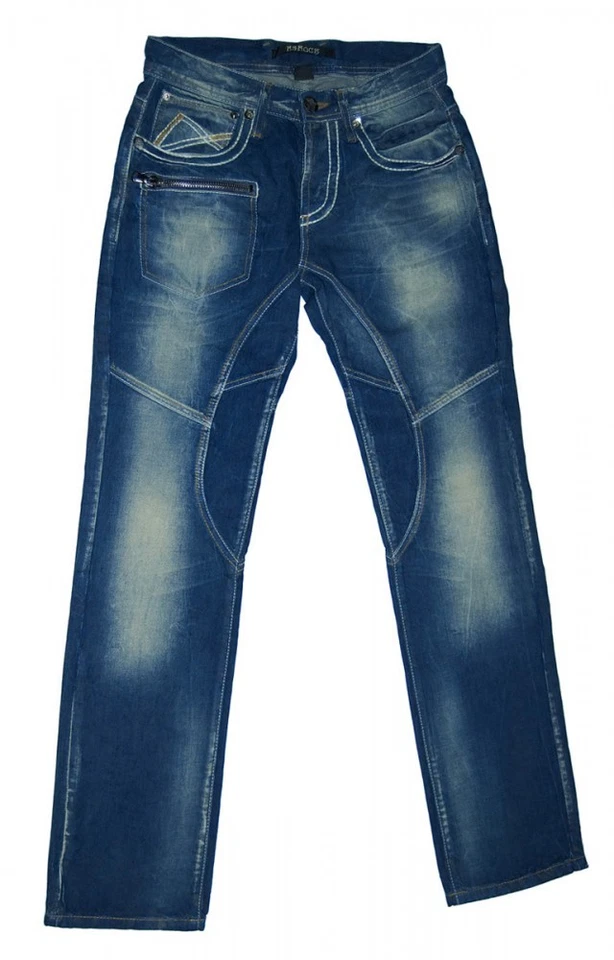 Vaqueros de hombre azul tira de botones aspecto usado lavados costuras decorativas pantalones para hombre Foto 1 de 2