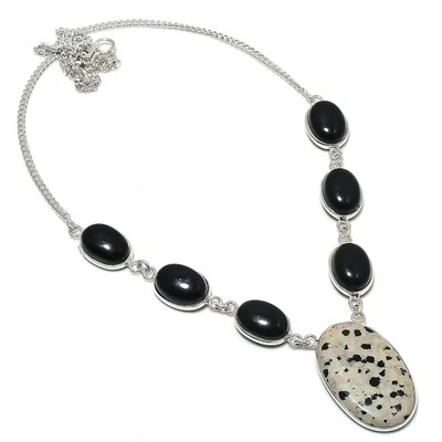 Colar feito à mão folheado a prata 925 Dalmation Jasper de 18" - Imagem 1 de 3