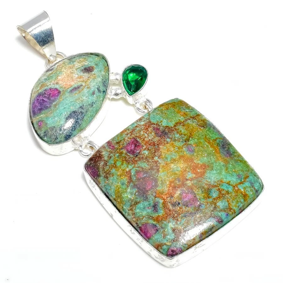 Pingente de prata esterlina 925 pedra preciosa fúcsita rubi natural tamanho 3" - Imagem 1 de 1