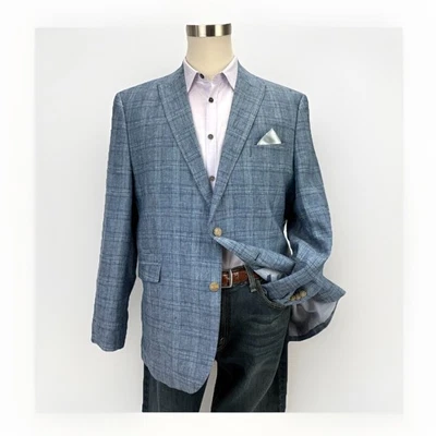 Joseph Abboud 男式 100% 亚麻蓝色格子西装外套 XL 学院风 2 按钮休闲 — 第 1/4 张图片