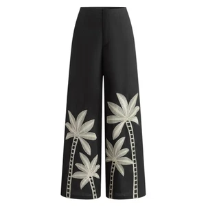 Pantalone Commense nero ricamato palma gamba larga taglia small nuovo con etichetta - Foto 1 di 5