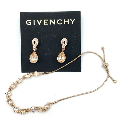 GIVENCHY Juego de Pendientes Colgantes y Pulsera Deslizante Cristal Rosa Melocotón Tono Oro Rosa Foto 1 de 4