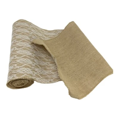 Natural Rustic Burlap Full Laced Overlay Table Runner 12" X 95" - Image 1 of 4