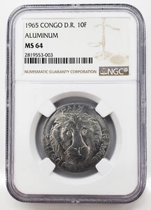 1965 DR Congo Lion Head Aluminum Ten Franc 10F Coin NGC MS 64 Z12 - Picture 1 of 2