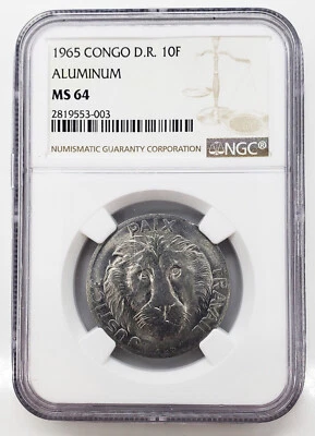 1965 DR Congo Lion Head Aluminum Ten Franc 10F Coin NGC MS 64 Z12 - Image 1 of 2